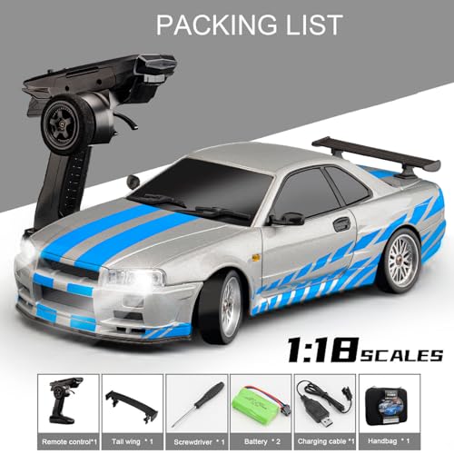 LD1899 1/18 RC Drift Car GTR R34 2.4GHz RWD with Gyroscope on-Road Alloy Body Shell Racing Cars Radio Control (Blue)