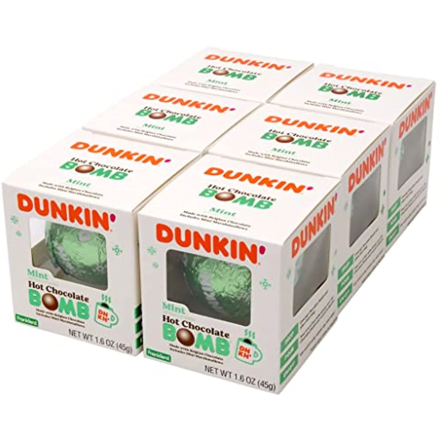 Dunkin Mint Hot Chocolate Bomb(Pack Of 6), Mint-Flavored Belgian Milk Chocolate Melting Ball Filled With Mini Marshmallows, 1.6 Ounce, Individually Wrapped, Easter Basket Stuffers For Kids Girls