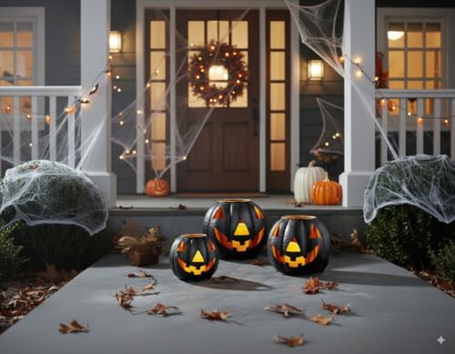 Halloween Metal Jack O Lanterns Pumpkin Set of 3 with LED Candles with Creepy Cloth Decoration Bundle - Rustic Indoor/Outdoor Decor
