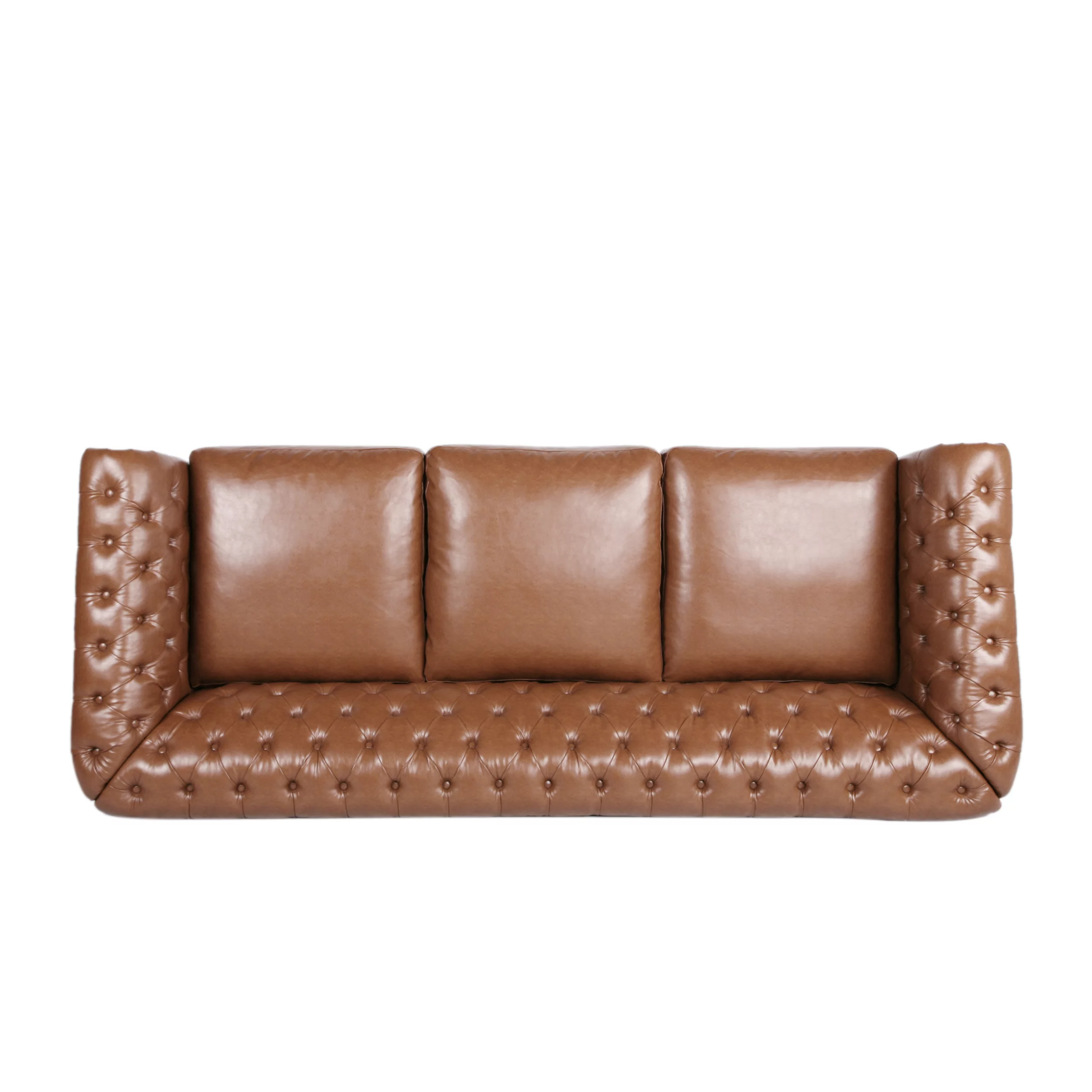 GDF Studio Kyle Chesterfield Tufted 3 Seater Sofa with Scroll Arms, Cognac Brown Faux Leather and Dark Brown