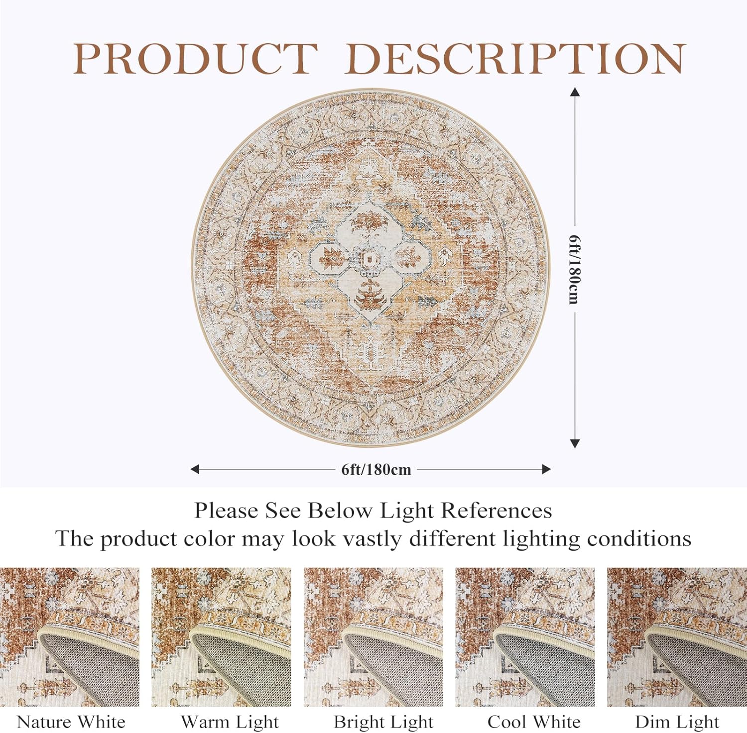 Lahome Boho Circle Rug - 6Ft Washable Round Area Rugs for Living Room Non-Slip Throw Round Dining Room Rug Large Round Rug, Oriental Distressed Print Circular Rug for Office Classroom Bedroom Sofa