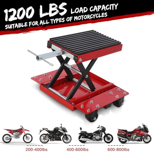 Motorcycle Lift Jack - 1200LBS Transmission Scissor Stand with Wide Deck & Dolly, Thickened Rubber Pad for Dirt Bikes, Atvs, Street Bikes & Cruiser Motorcycles