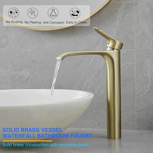 Tall Vessel Sink Faucet Bathroom Waterfall Faucet Brushed Gold Finished Single Handle Matte Black Vanity Bathroom Faucet Basin Mixer Tap with Water Supply Hose and Pop Up Sink Drain
