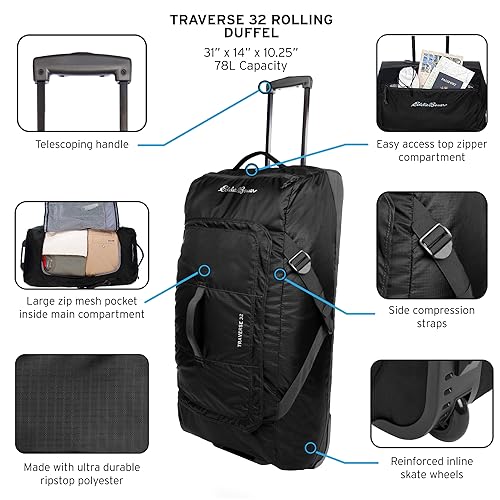 Eddie Bauer Traverse Rolling Duffel Bag-Made from Ripstop Polyester with Telescoping Handle, Dark Loden, 78L