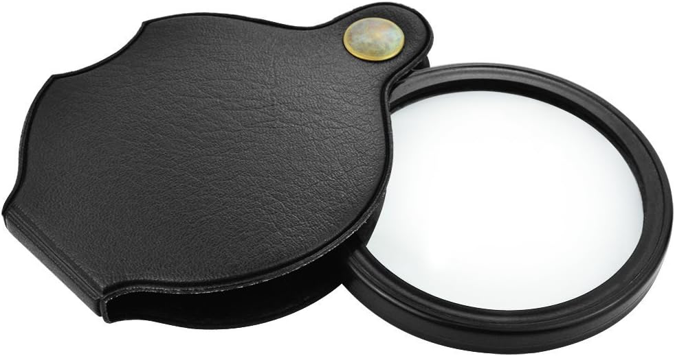 6X Mini Pocket Magnifying Glass Folding Pocket Magnifier Loupe with Rotating Protective Holster Leather Pouch for Reading,Science Class,Hobby (Black), 60mm/2.4