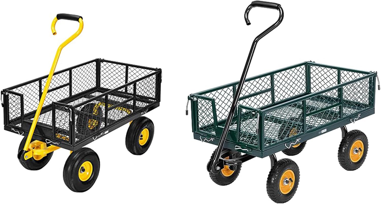 VIVOHOME Heavy Duty 880 Lbs Capacity Mesh Steel Garden Cart with Removable Sides and 4.10/3.50-4 inch Wheels (Black) and Heavy Duty 550 Lbs Capacity Mesh Steel Garden Cart with Removable Sides (Green)