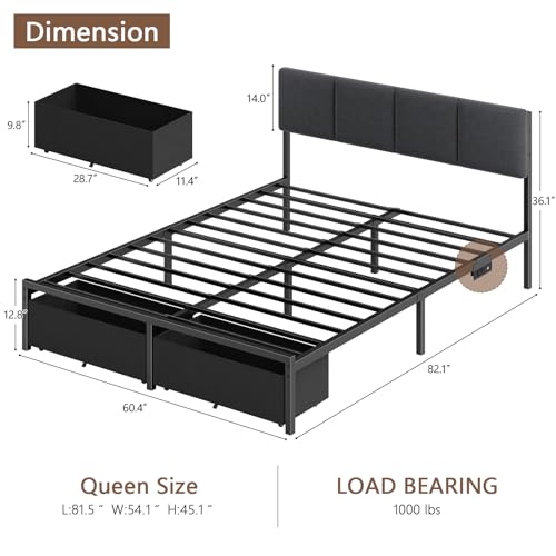 Furnulem Queen Bed Frame with Headboard and Storage Drawer, Platform Bed Frame Queen Size, Upholstered Bedframe with Charging Station and LED Lights, No Spring Box Needed, Adjustable Backrest