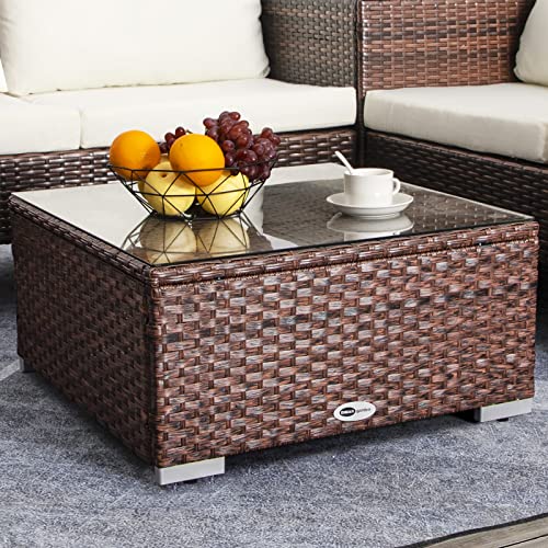 DIMAR GARDEN Outdoor Coffee Table Wicker Patio Side Table with Glass Top, 25.2in Mixed Brown