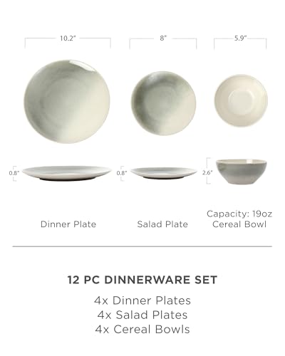 Famiware 12-Piece Dinnerware Sets, Plates and Bowls Set for 4, Stoneware Dish Set- Includes 4 Dinner Plates, 4 Salad Plates, 4 Cereal Bowls, Microwave & Dishwasher Safe, Glacier Series, Honey Beige