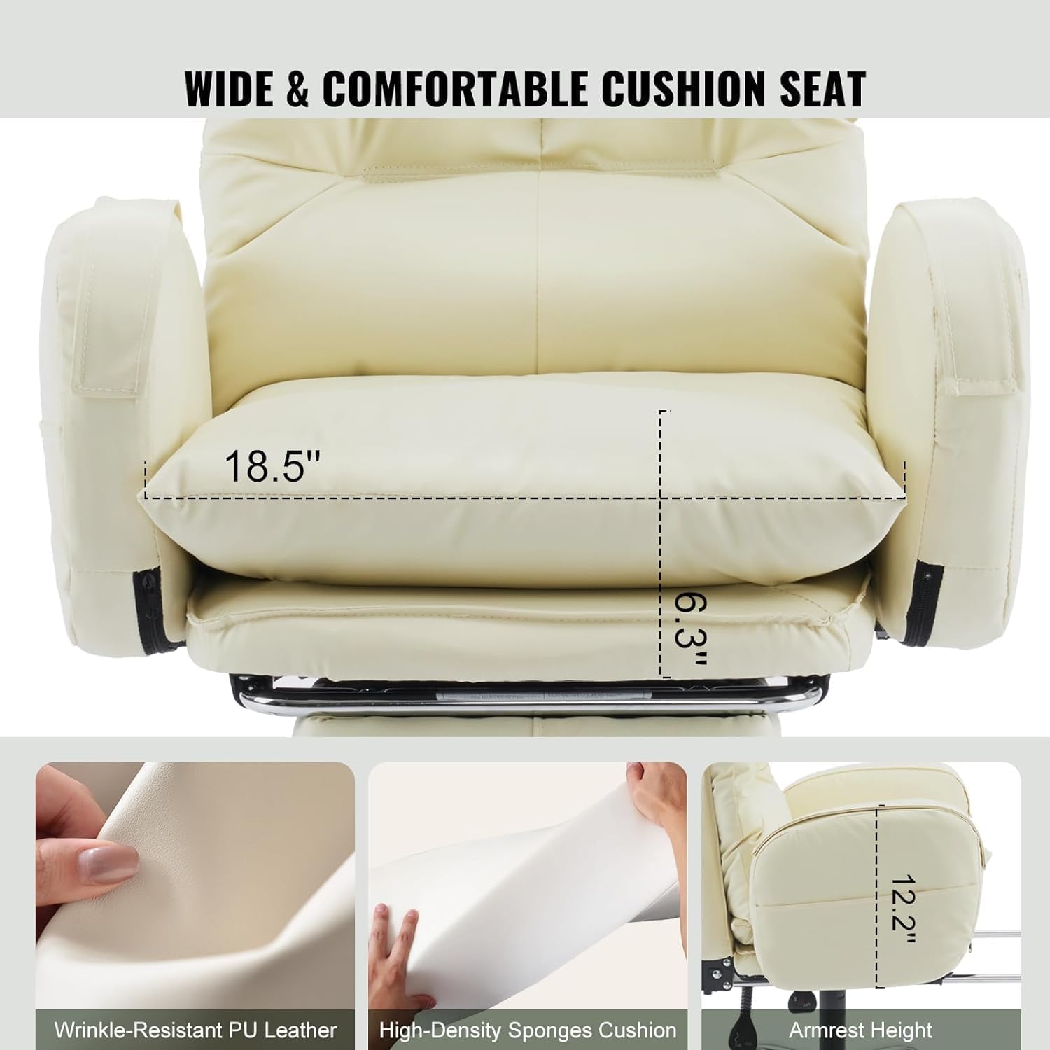 Home Office Chair with Footrest, High-Back PU Leather Computer Desk Chair, Executive Rolling Swivel Chairs with Leg Rest and Double Thick Cushion, White Office Chair (Cream White)