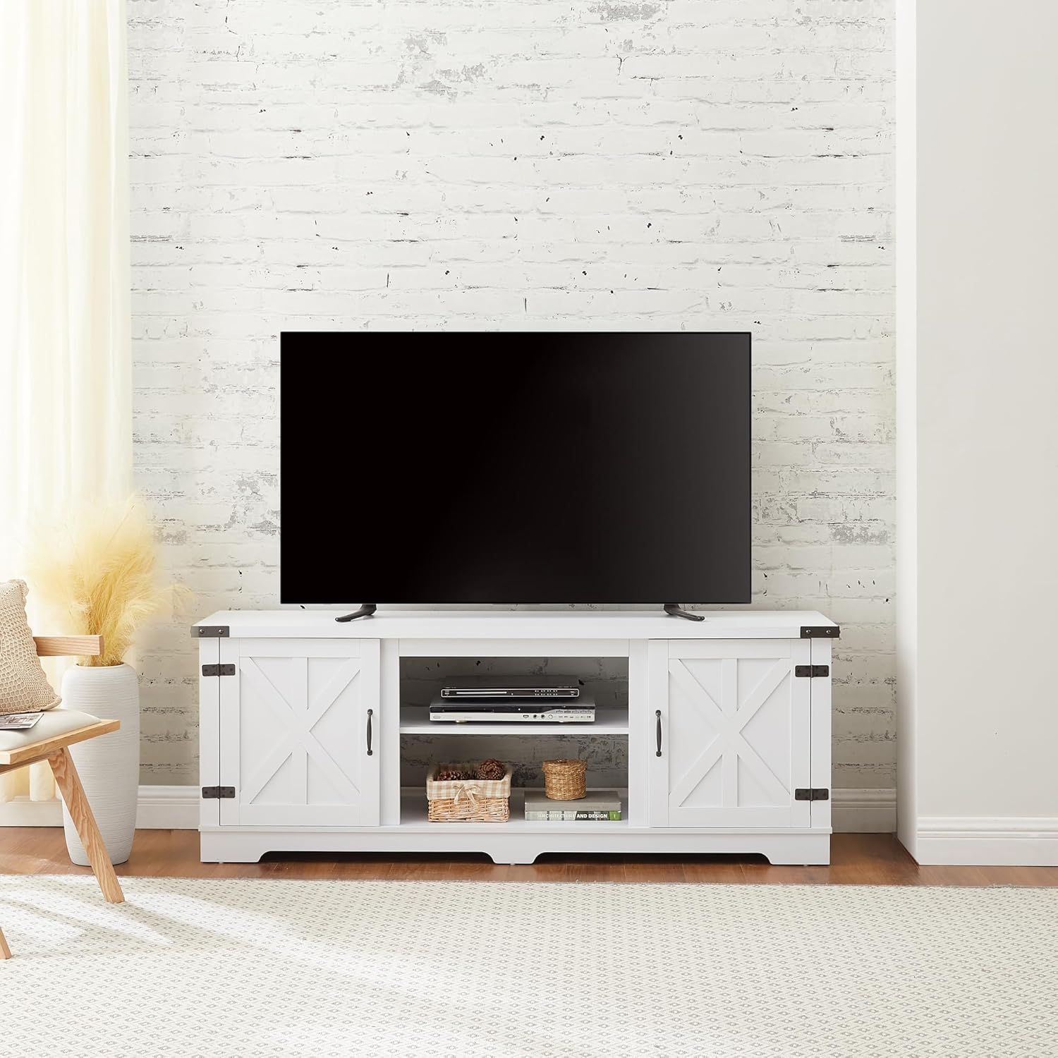Modern Farmhouse TV Media Stand | Large Barn Style Home Entertainment Console for TVs Up to 70 Inches, with Open Shelves and Closed Cabinets, 64.80” L x 15.67” W x 24.29” H - White