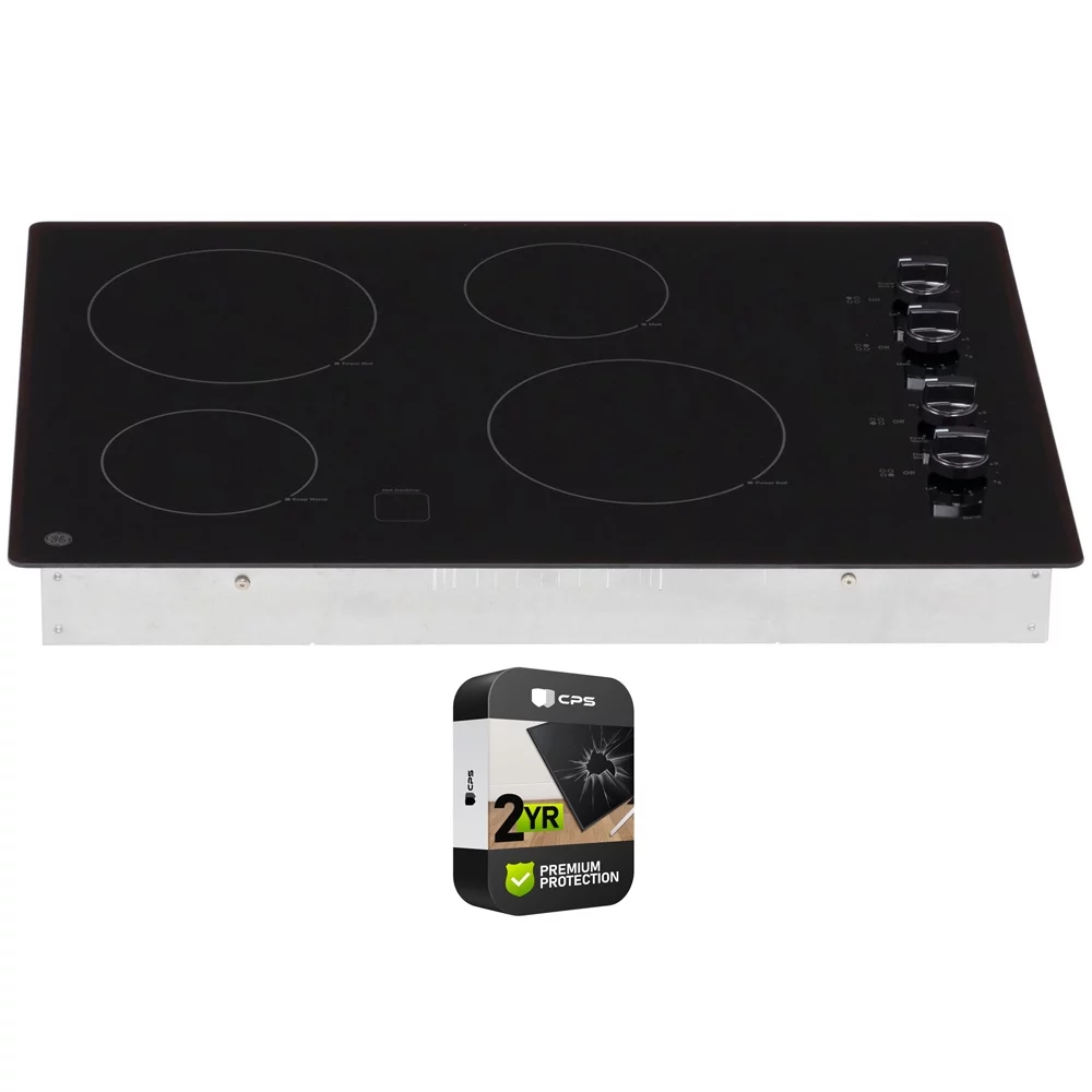 GE JP3030DJBB 30 inch Built-In-Knob Control Electric Cooktop Bundle with Premium 2 YR CPS Enhanced Protection Pack