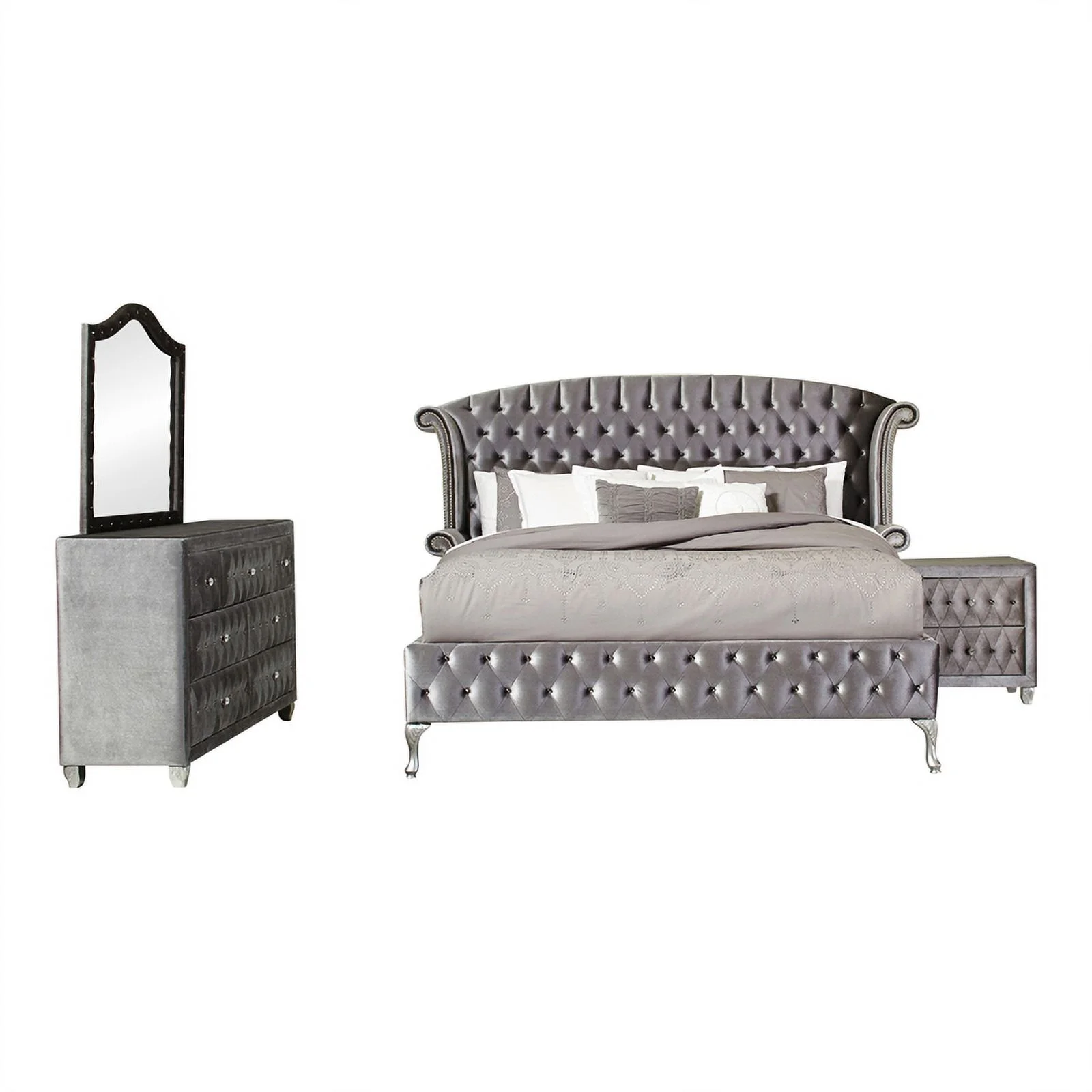 Maklaine 4-piece Queen Velvet Upholstered Tufted Bedroom Set in Gray