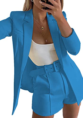 Tcremisa Blazer Shorts Set for Women 2 Piece Long Sleeve Open Front Blazer Short Suits Business Outfits with Belt