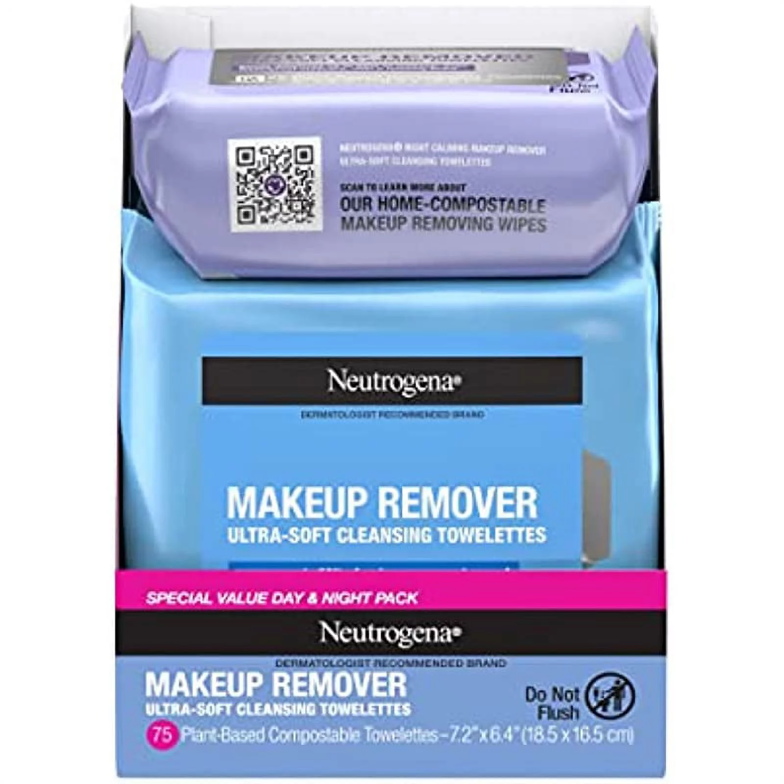 Neutrogena Day & Night Wipes, Makeup Remover Face Cleansing Towelettes & Night Calming Facial Cloths, 100% Plant Based Fibers Wipe Away Dirt, Alcohol-Free, 3 Packs of 25 ct, 75 ct