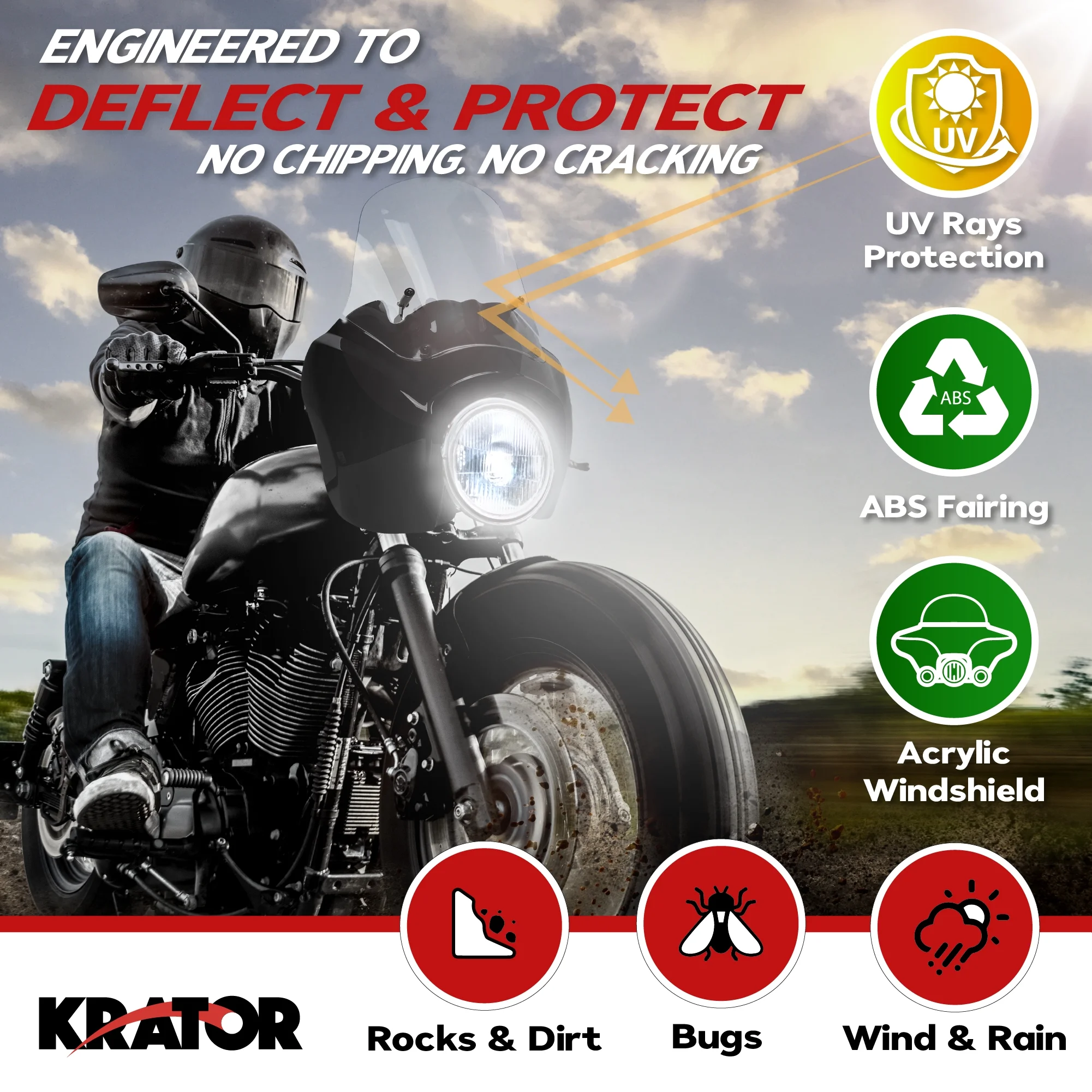 Krator Motorcycle Windshield Fairing, Wind Deflector, Motorcycle Accessories, Clear Windscreen, Compatible with Harley Davidson Dyna, Super Glide T-Sport FXDXT, FXR & Softail FXBB/S, FLSB, FXLR/S