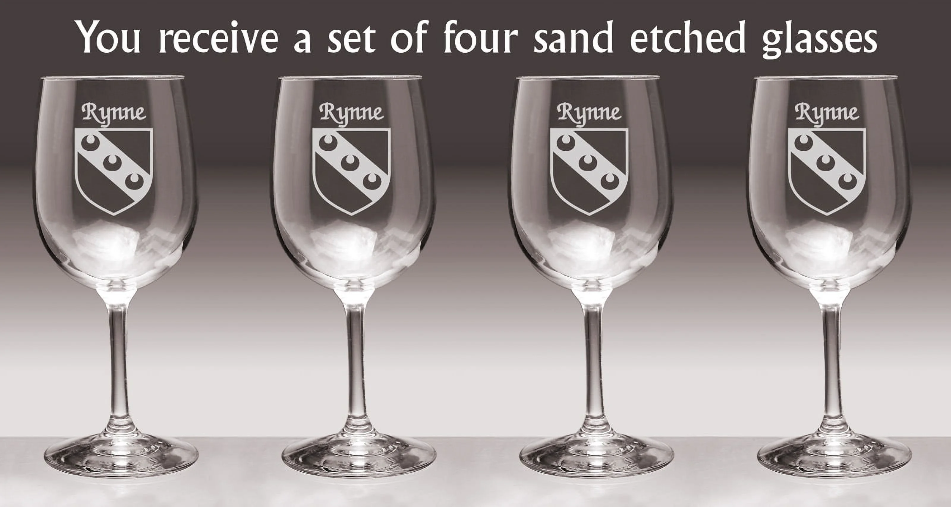 Rynne Irish Coat of Arms Wine Glasses - Set of 4 (Sand Etched)