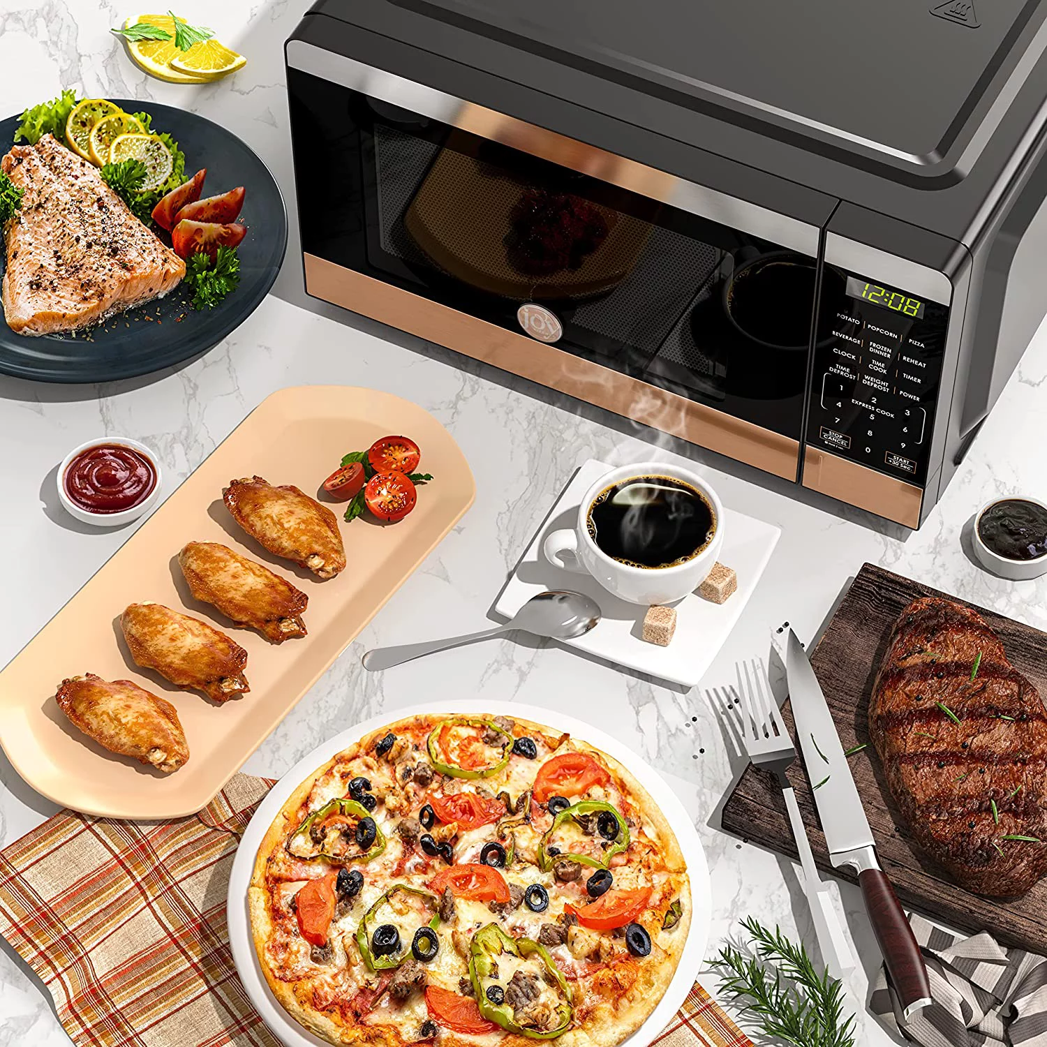 Excellent JOY Kitchen Compact Countertop Microwave Oven with LED Display  6 Auto-Preset Menus  Child Lock  Defrost & Express Cooking Features  Stainless Steel  0.7 Cu. Ft. 700W  Slive