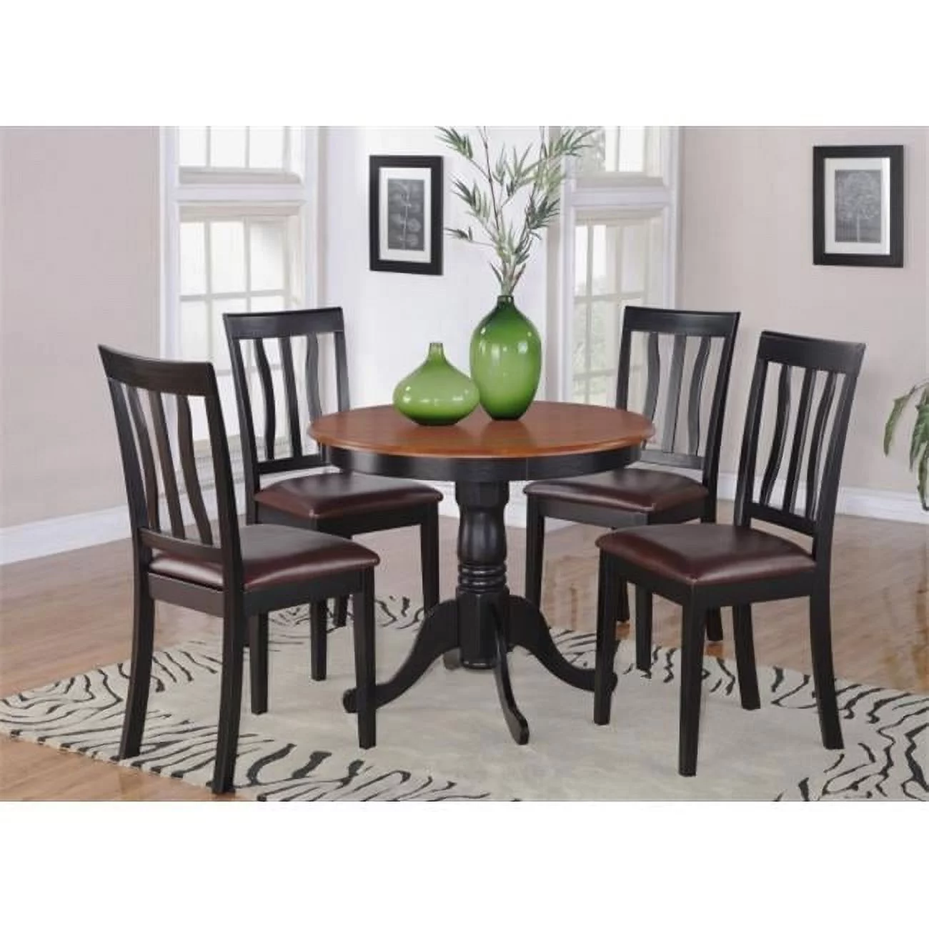 AN5-BLK-LC 5 PC Antique Round Kitchen 36 in. Table and 4 Chairs with Faux Leather seat in Black Finish
