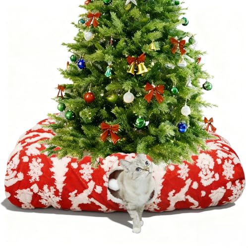 Christmas Cat Tunnel Bed with Warm Mat, Large Square Kitty Toy & Tree Skirt for Xmas Decor Red