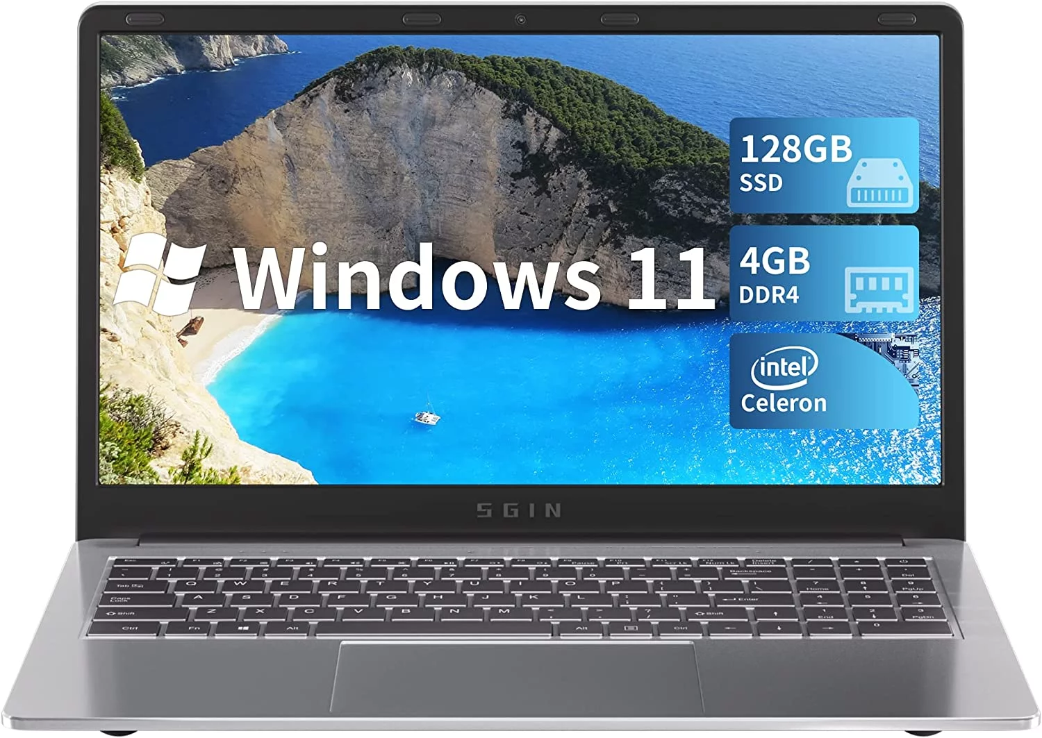 SGIN 15.6inch Laptop 4GB DDR4 128GB SSD Windows 11 with 4 Core Intel Celeron, HD 1366*768 IPS