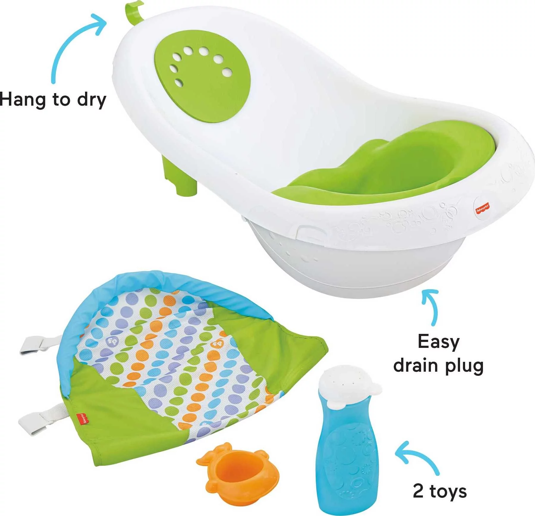 Fisher-Price 4-in-1 Sling ‘n Seat Tub Baby to Toddler Bath with 2 Toys, Green
