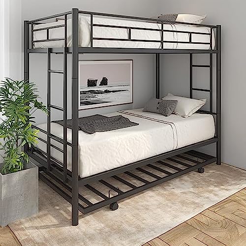 Bunk Bed, Twin Over Twin Metal Bunk Bed with Trundle Heavy Duty Bunk Beds Frame with 2 Side Ladders Convertible Bunkbed with Safety Guard Rails, No Box Spring Needed (Black, Twin Over Twin)