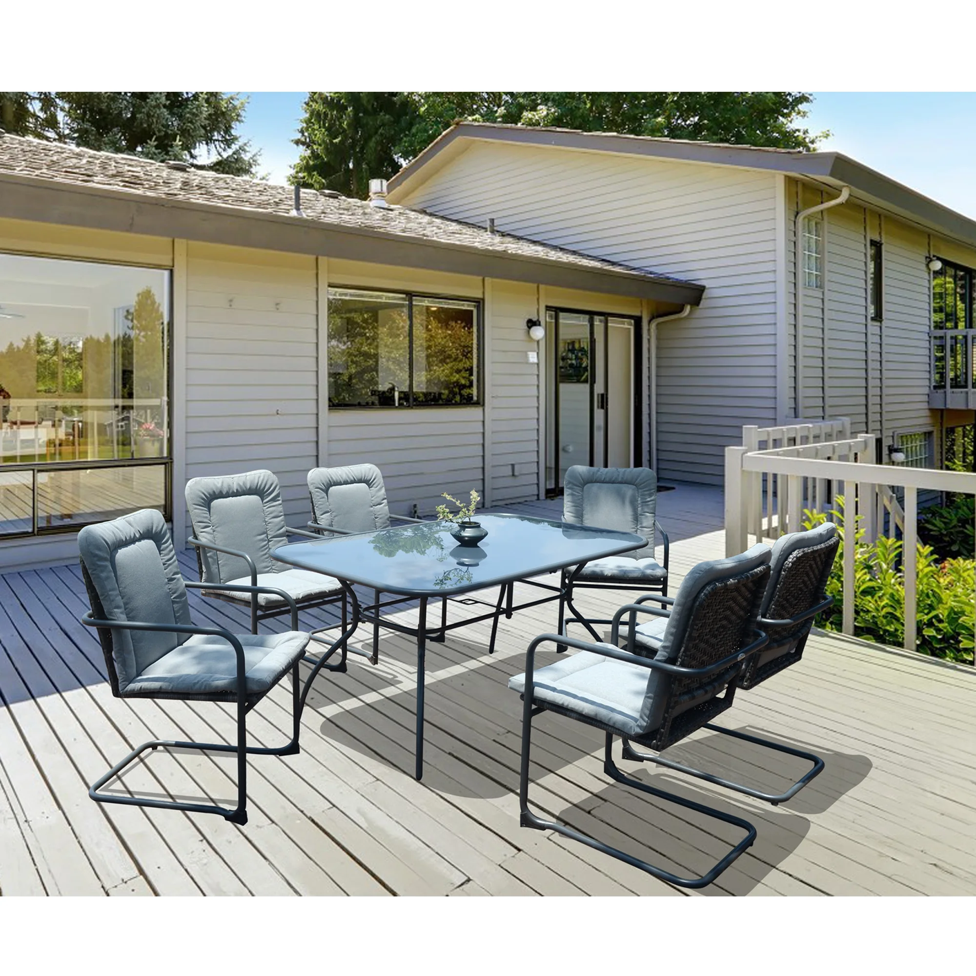 Oasis Casual Emelia 7Pcs Dining Set Six Wicker Spring Chairs,One Tempered Glass Rectangular Table