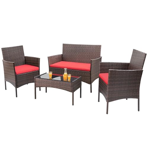 Homall 4 Pieces Outdoor Patio Furniture Sets Rattan Chair Wicker Set, Outdoor Indoor Use Backyard Porch Garden Poolside Balcony Furniture Sets Clearance (Brown and Beige)