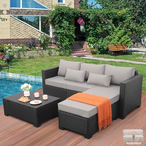 Rattaner 3 Pieces Patio Furniture Set Outdoor Sectional Wicker Patio Furniture Patio Couch with Ottoman and Outdoor Storage Table All-Weather Anti-Slip Cushions Waterproof Covers, Light Grey