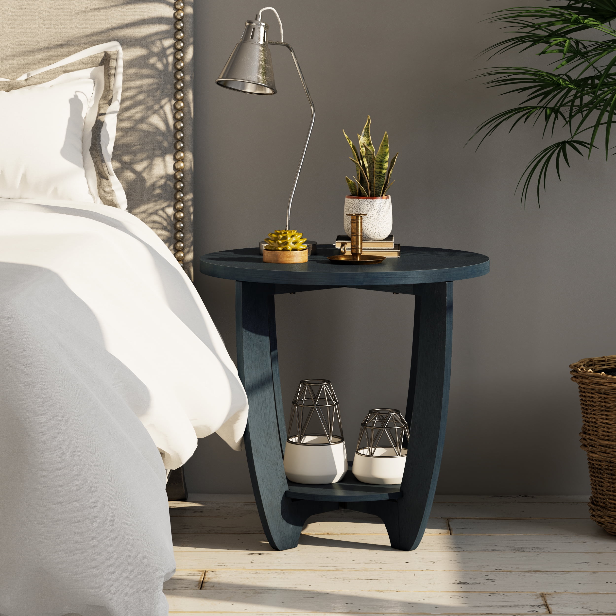 COZAYH Rustic Farmhouse End Table with Storage Shelf, French Country Accent Side Table, Round