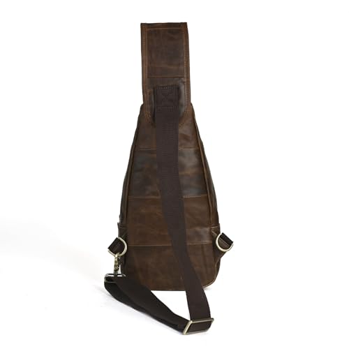 Le'aokuu Men Fashion Casual Tea Designer Travel Hiking Crossbody Chest Sling Bag Rig One Shoulder Strap Bag Men Leather 8015