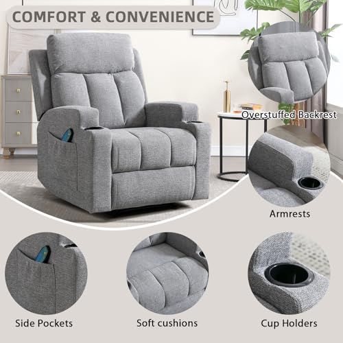 Phoenix Home Manual Recliner Chair with Massage and Heat Ergonomic Overstuffed Breathable Fabric Reclining Chair with 2 Side Pockets, 2 Cup Holders, Remote Control, Living Room, Bedroom, Gray