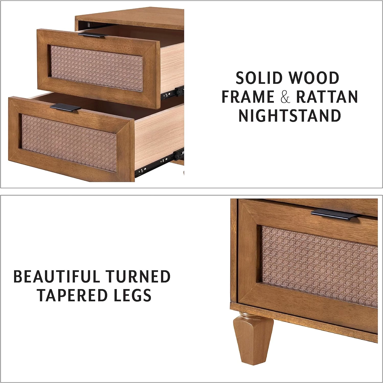 DG Casa Cove Rattan 2-Drawer Small Nightstand in Walnut with Mixed Materials & Detailed Leg Design