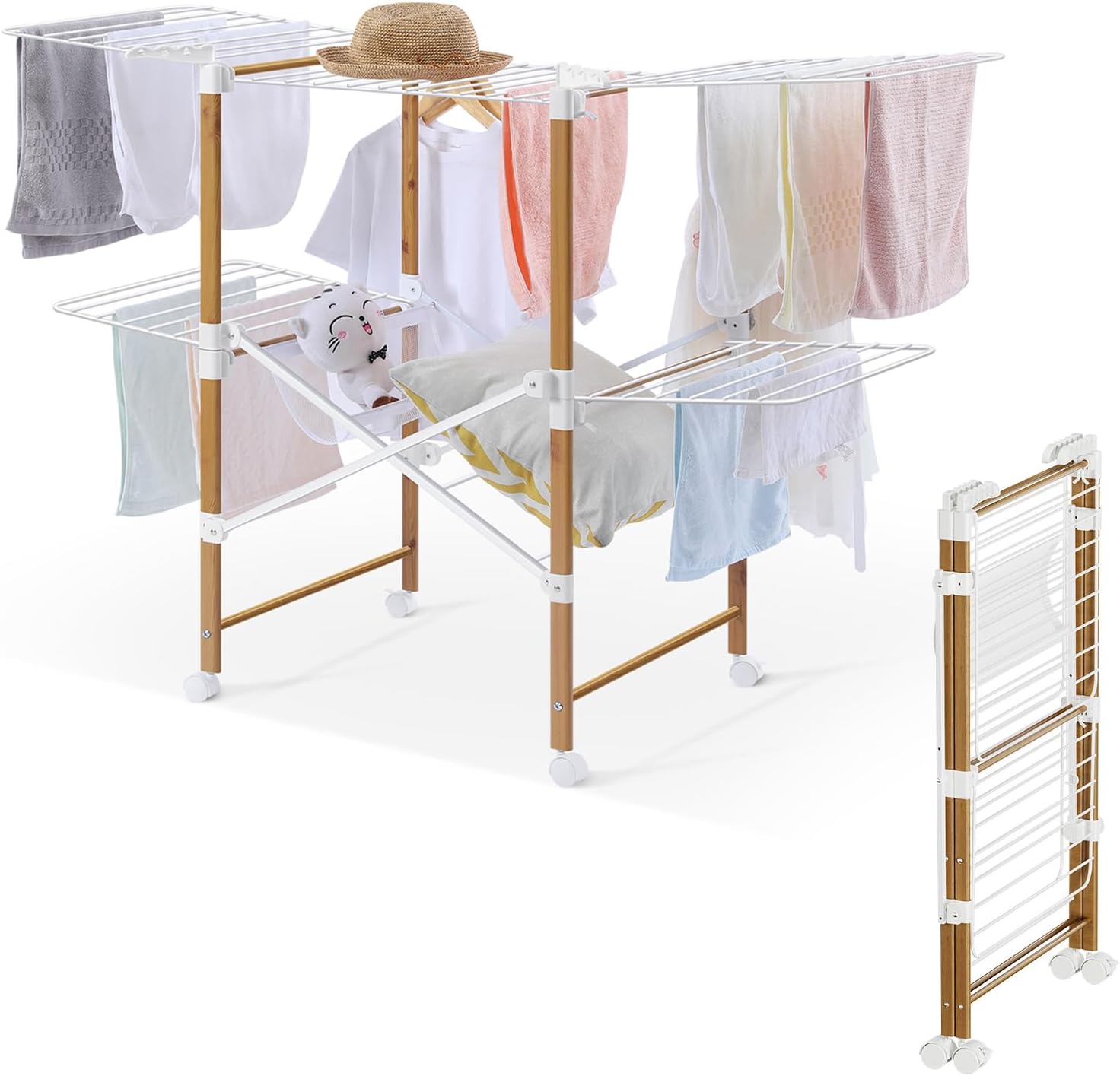 APEXCHASER Collapsible Drying Racks for Laundry, Metal Drying Rack Clothing with Wheels, Foldable 4-Wings Drying Rack for Home, Balcony, Apartments, Wooden look