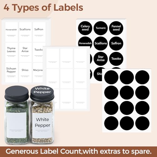 ComSaf 24Pcs 4oz Glass Spice Jars with Metal Lids, 93 Labels, a Handy Funnel, a Pepper Grinder, Shaker Cap, Empty Spice Containers and Square Spice Bottles for Kitchen and Seasoning
