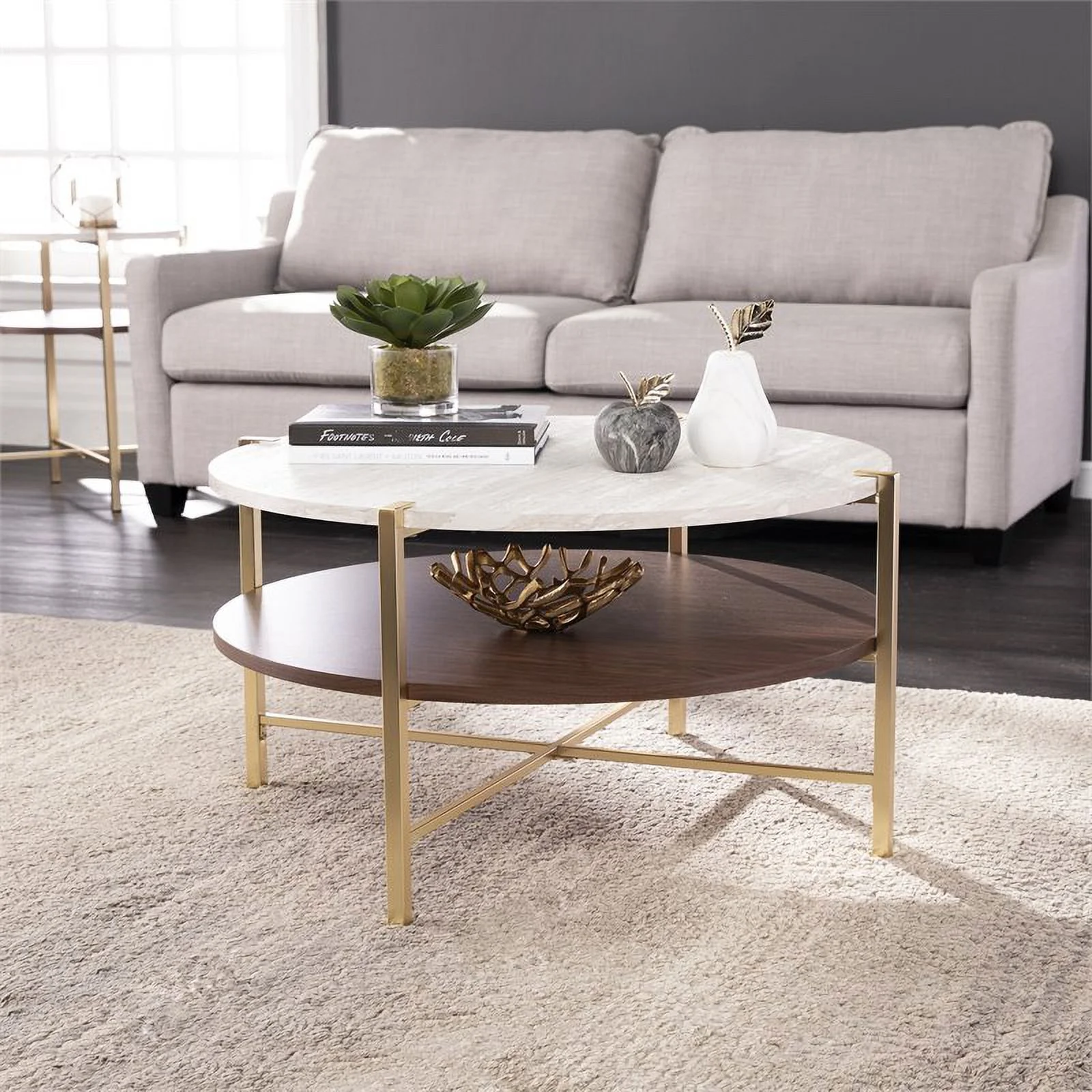 Maklaine 2 - Tier Round Faux Marble Top Cocktail Table in Brass / Dark Tobacco