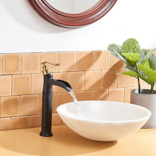 BWE Vessel Sink Faucet Waterfall Matte Black with Pop Up Drain Without Overflow and Supply Lines, Black Sink Faucet Bathroom One Handle Faucets Vanity Bath Mixer Tap