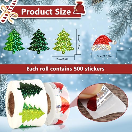 1000Pcs Christmas Roll Stickers Christmas Tree Label Tag Seal Sticker Self-Adhesive Santa Hat Winter Stickers Round Sparkly for Gifts, Party Decor, Envelope, Greeting Cards, 2 Rolls