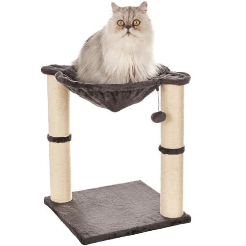 Amazon Basics Cat Condo Tower with Hammock Bed and Scratching Post,Easy to Assemble,Plush Hammock,Interactive Hanging Ball,Durable Sisal Scratch Posts for Indoor Cats, 15.8 x 15.8 x 19.7 Inches, Beige