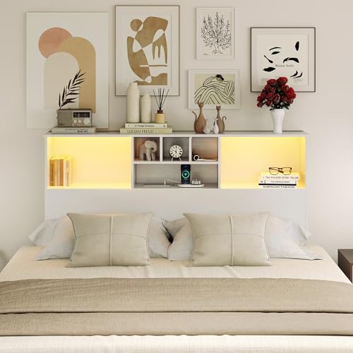 Headboard for King Size Bed with LED Light, Headboards with Storage Bookcase, Power Outlets, USB Ports Head Board, Light Adjustable, Wooden Headboard Sturdy and Stable Headboards