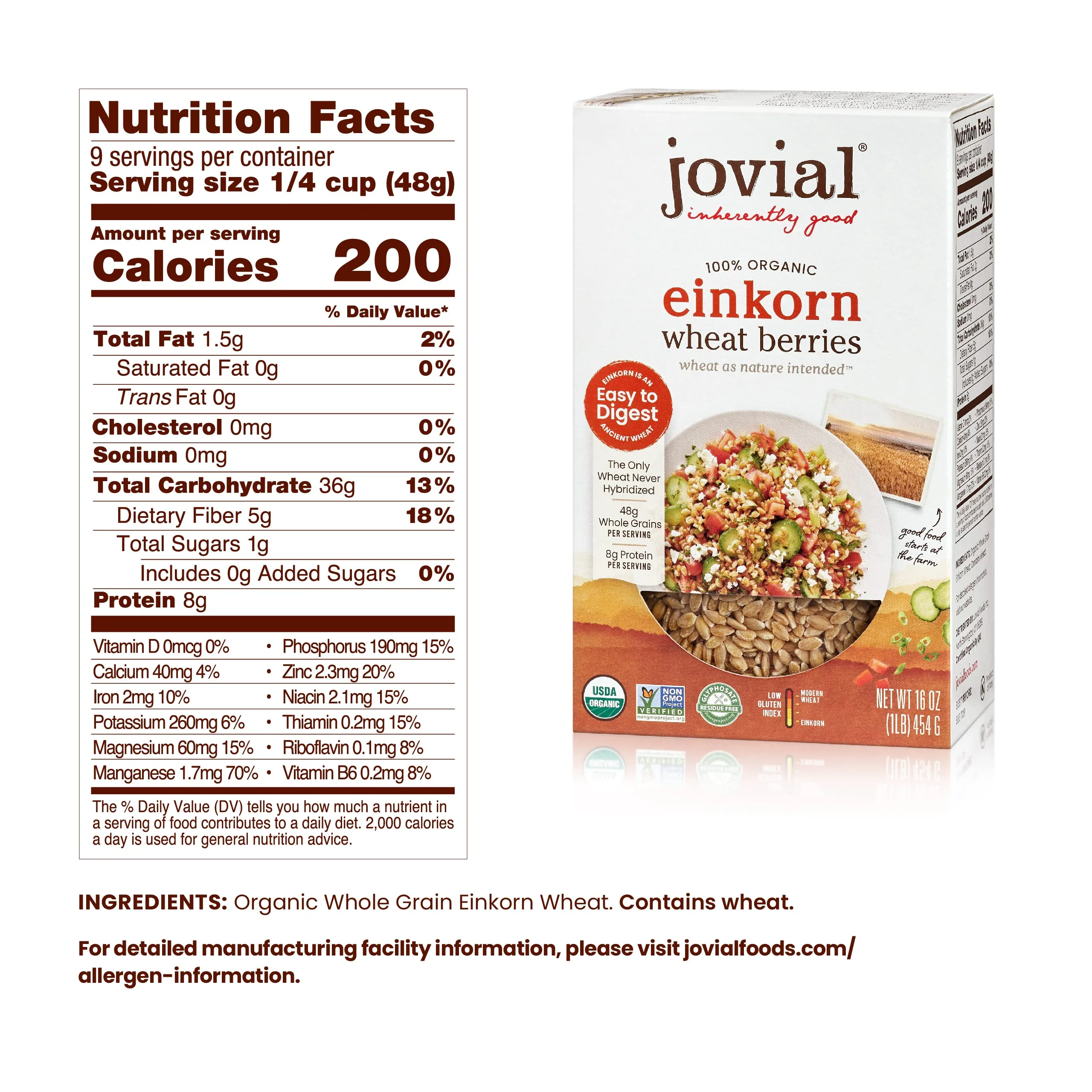 Jovial Einkorn 100% Organic Wheat Berries - Einkorn Berries, Organic Wheat Berries, High Protein, Non-Gmo, Usda Certified Organic, Lower Carb, Whole Grain, Product Of Italy - 16 Oz, 3 Pack