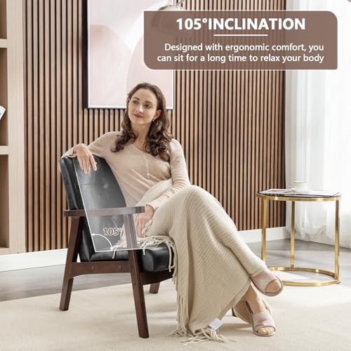 ANJ Mid Century Modern Accent Chair, Tufted Fabric Upholstery, Wood Frame, Beige