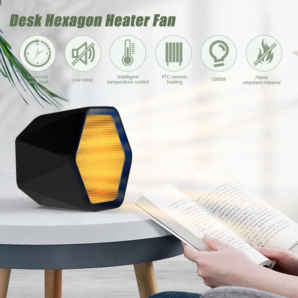 Stylish Hexagonal Mini Electric Heater - Bladeless Hot Air Fan for Desk and Tabletop