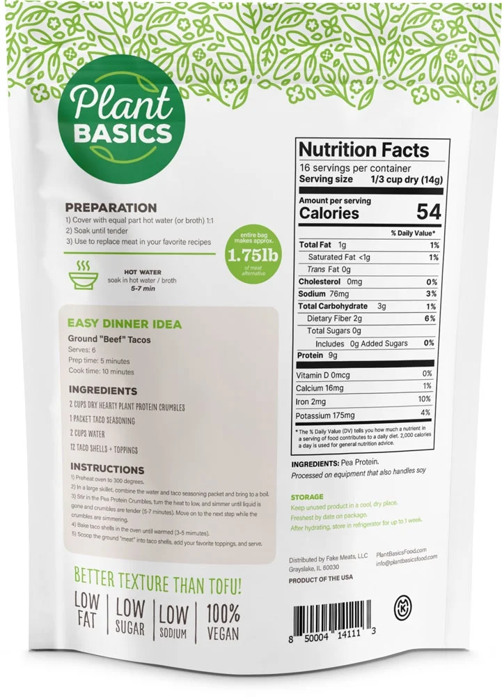 Plant Basics - Hearty Plant Protein - Unflavored Crumbles, 8 oz (Pack of 6), Made from Peas, Non-GMO, Gluten Free, Low Fat, Low Sodium, Vegan, Meat Substitute