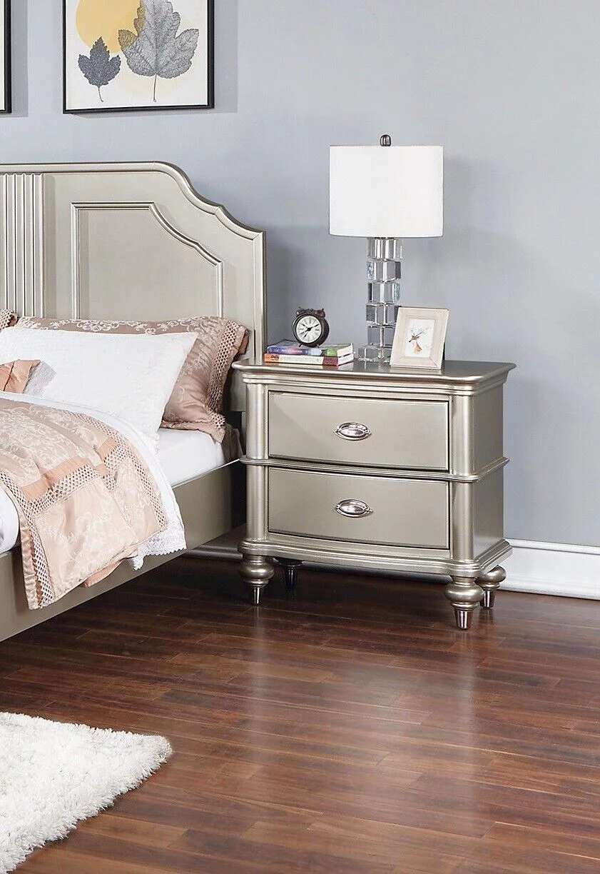 Classic Elegant 4pc Bedroom Set Satin Finished Silver Eastern King Size Bed Dresser Mirror Nightstand Furniture