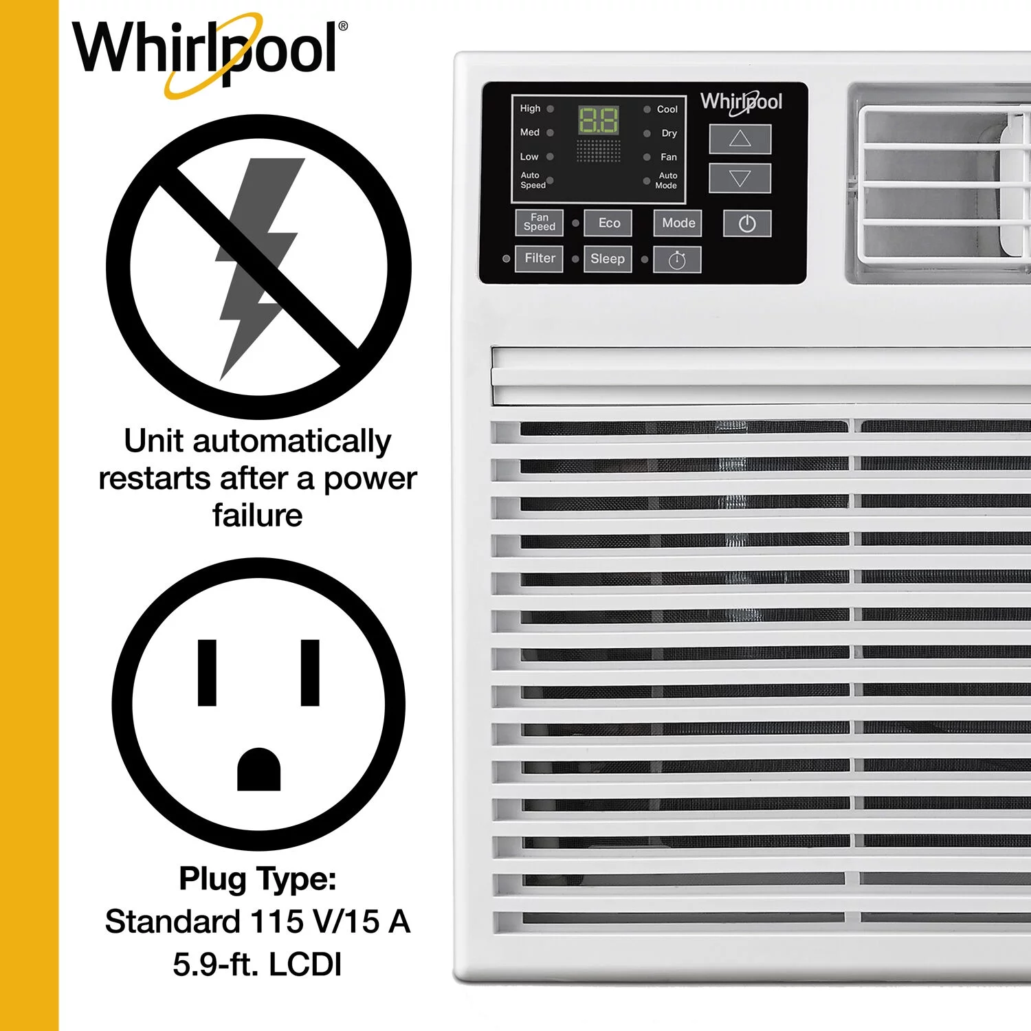 Whirlpool 8,000 BTU 115-Volt 350 Sq.Ft. Wall Air Conditioner with Remote, White, WHAT081-1AW