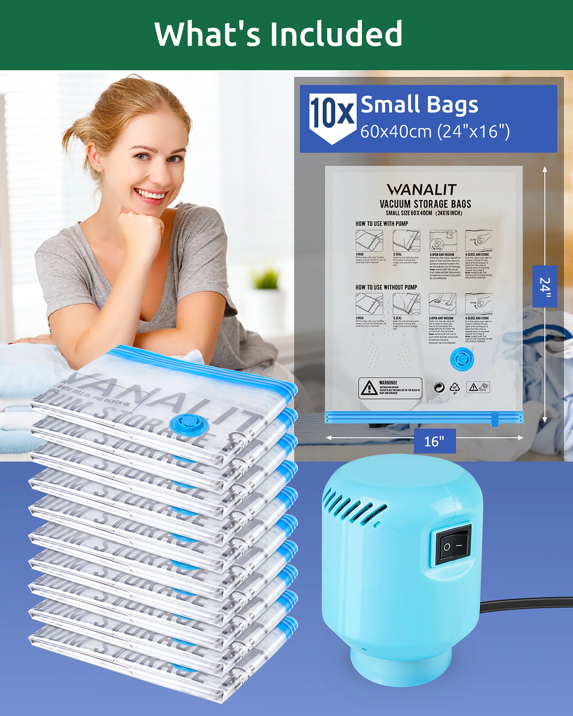 WANALIT 10 Pack Vacuum Storage Bags Small with Electric Air Pump Reusable Compression Space Saving Bags for Clothes Bedding Mattress Blankets Pillows Comforters Travel 24