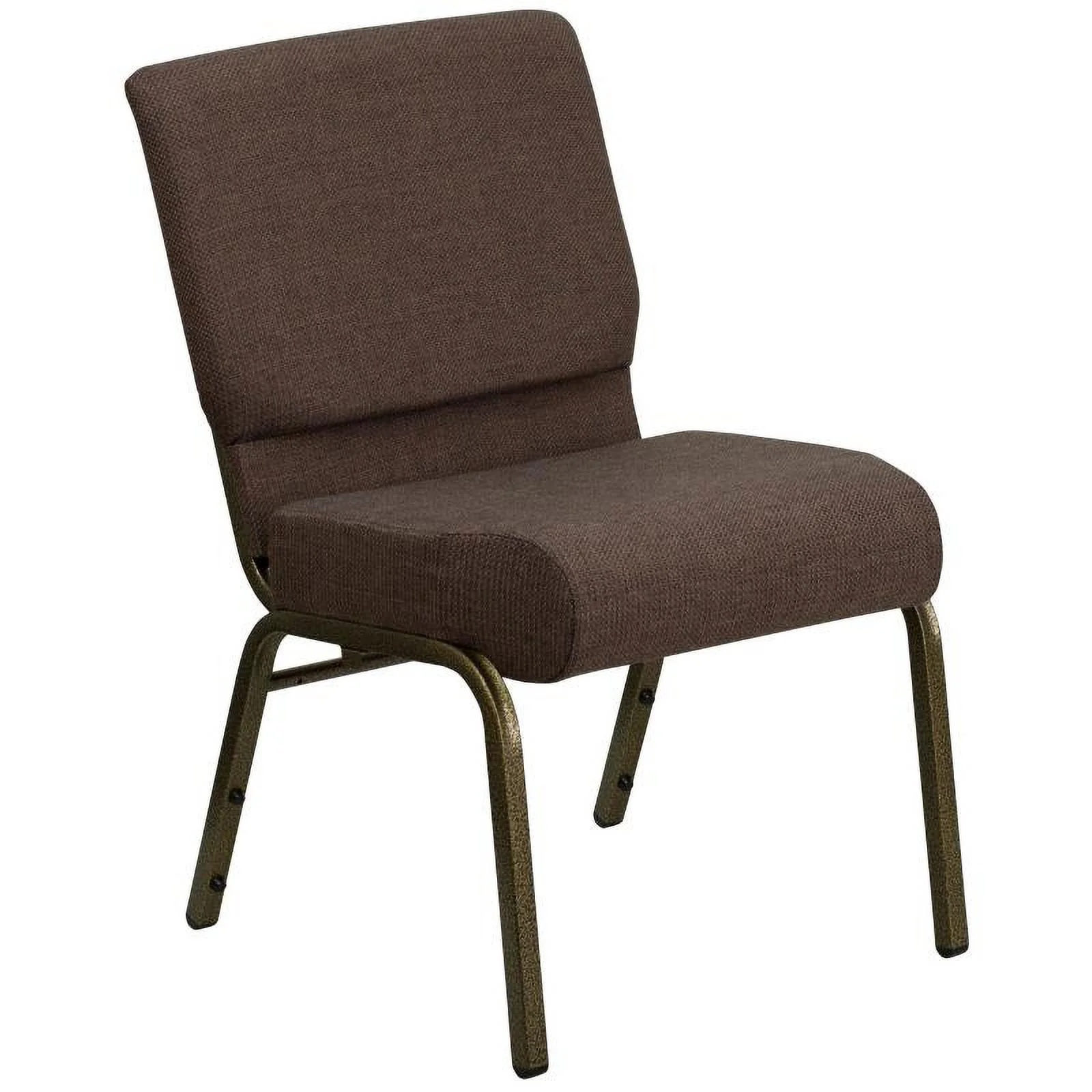 (10 PACK) 21'' Wide Dark Brown Fabric Church Chair with Book Pouch and Gold Vein Frame - Multipurpose Stackable Office Side Chair