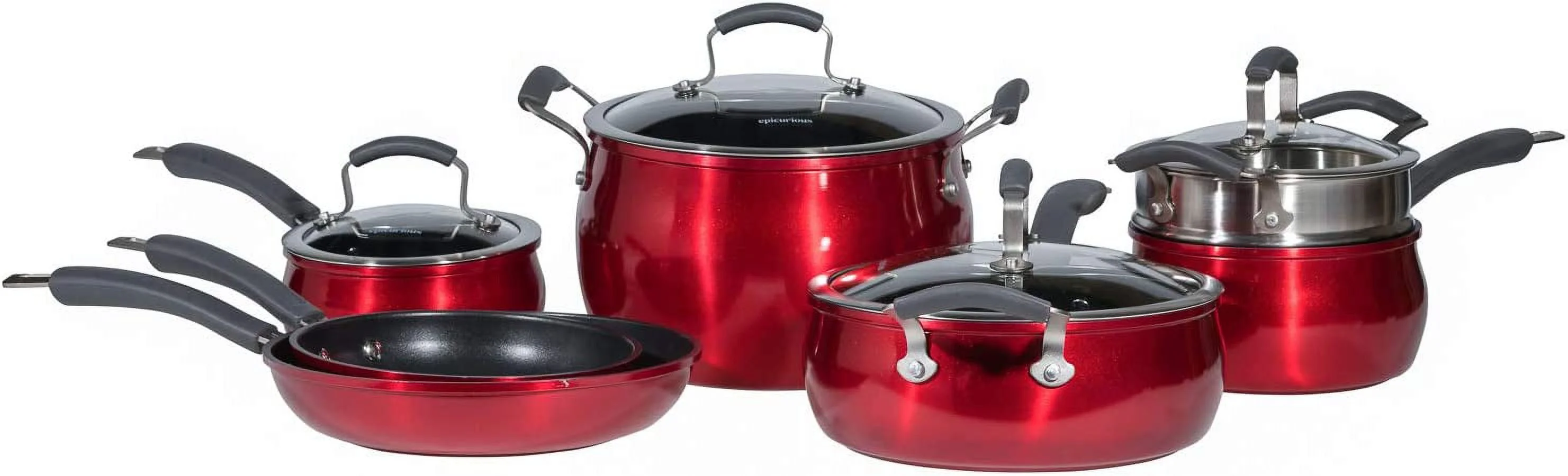 Excellent Epicurious Cookware Classic Collection- Induction Dishwasher Safe Oven Safe Non-stick  11 Piece Aluminum Red Cookware Set